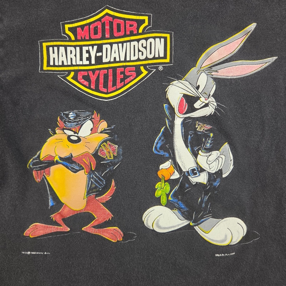 Vintage Harley Davidson Shirt Boy's Small Looney Tunes Bugs Bunny Taz 90s Black - Picture 7 of 12